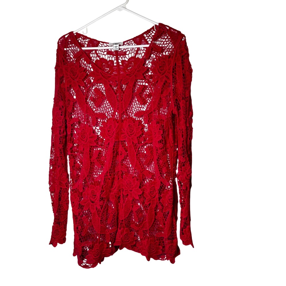 Cato dark pink Floral LG  Crochet Lace Long Sleeve Top V-Neck Cotton Tunic Women